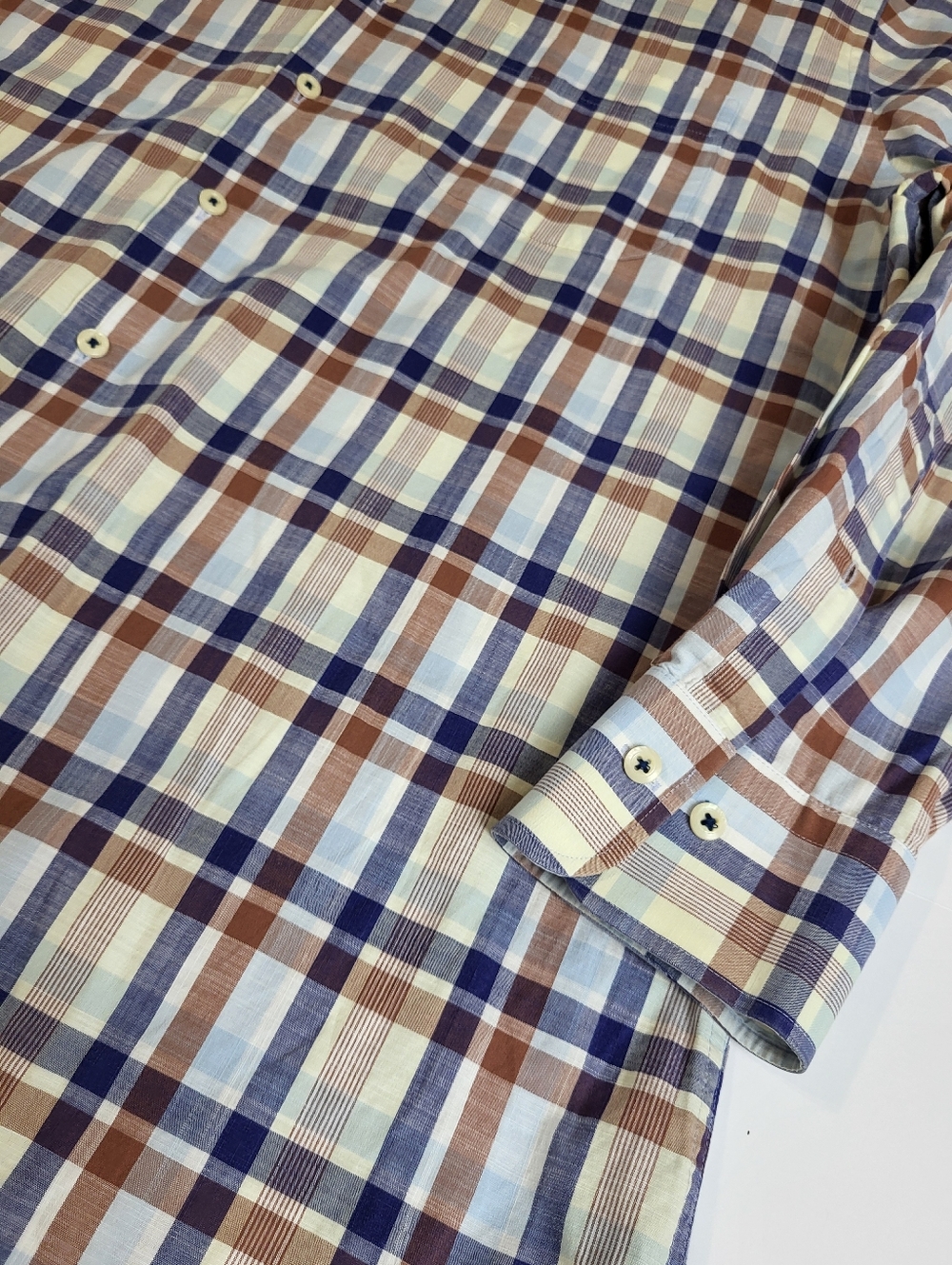 Peter‎ Millar Plaid Long Sleeve Button Down Shirt Blue Brown Cotton Large - Picture 7 of 7